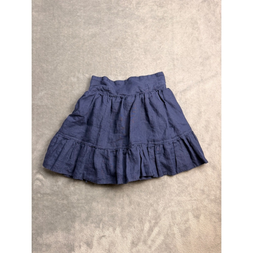 Blue Linen Mini Skirt Ruffle Smocked High Waist Flowy Vacation European Summer S